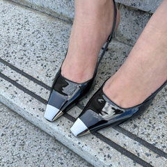 Black Leather Metal-Tip Slingback Pump - Nova