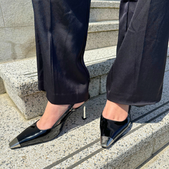 Black Leather Metal-Tip Slingback Pump - Nova