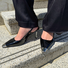 Black Leather Metal-Tip Slingback Pump - Nova