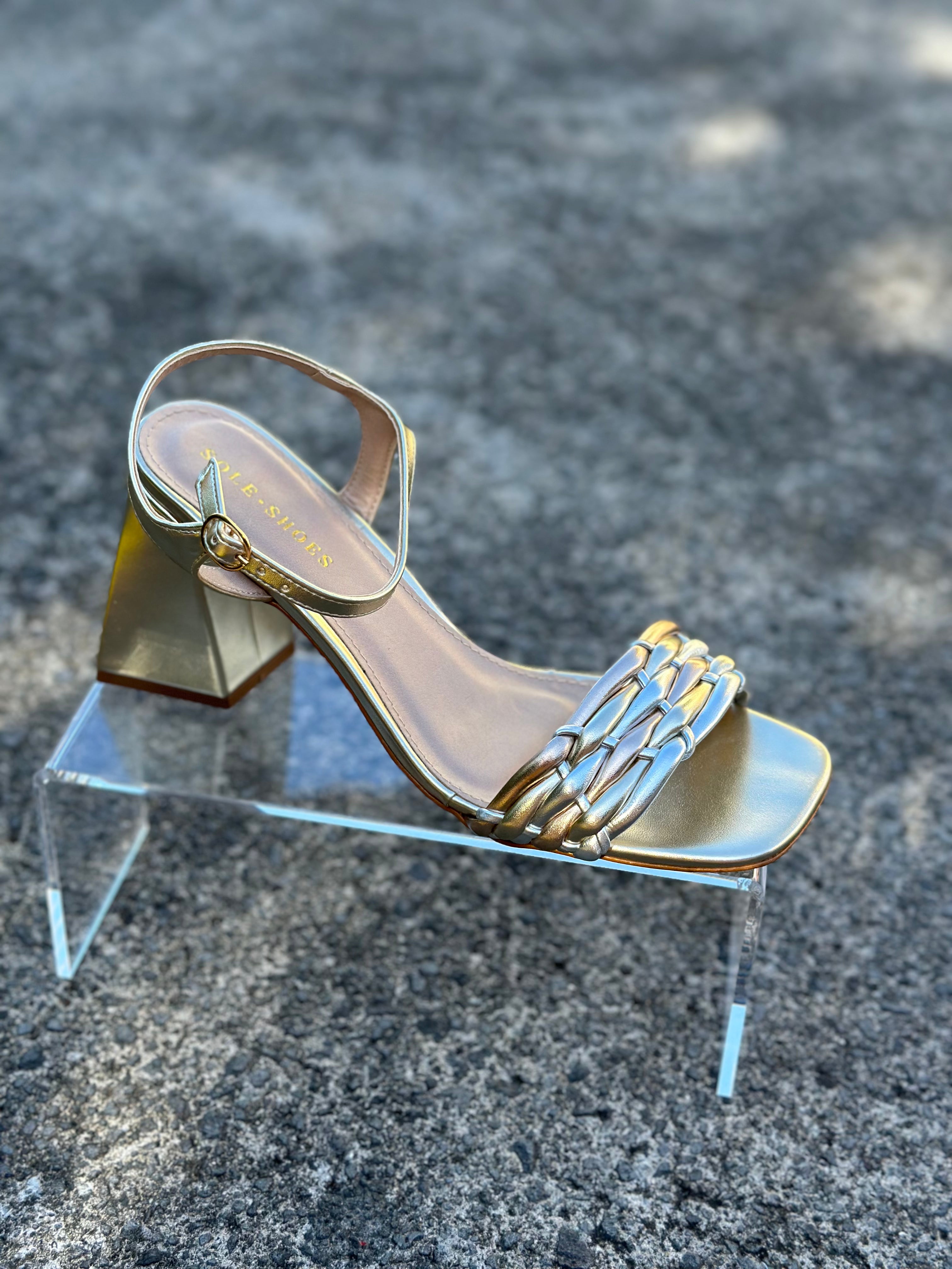 Eli Block Heel Sandal Gold Metallic Sole Shoes