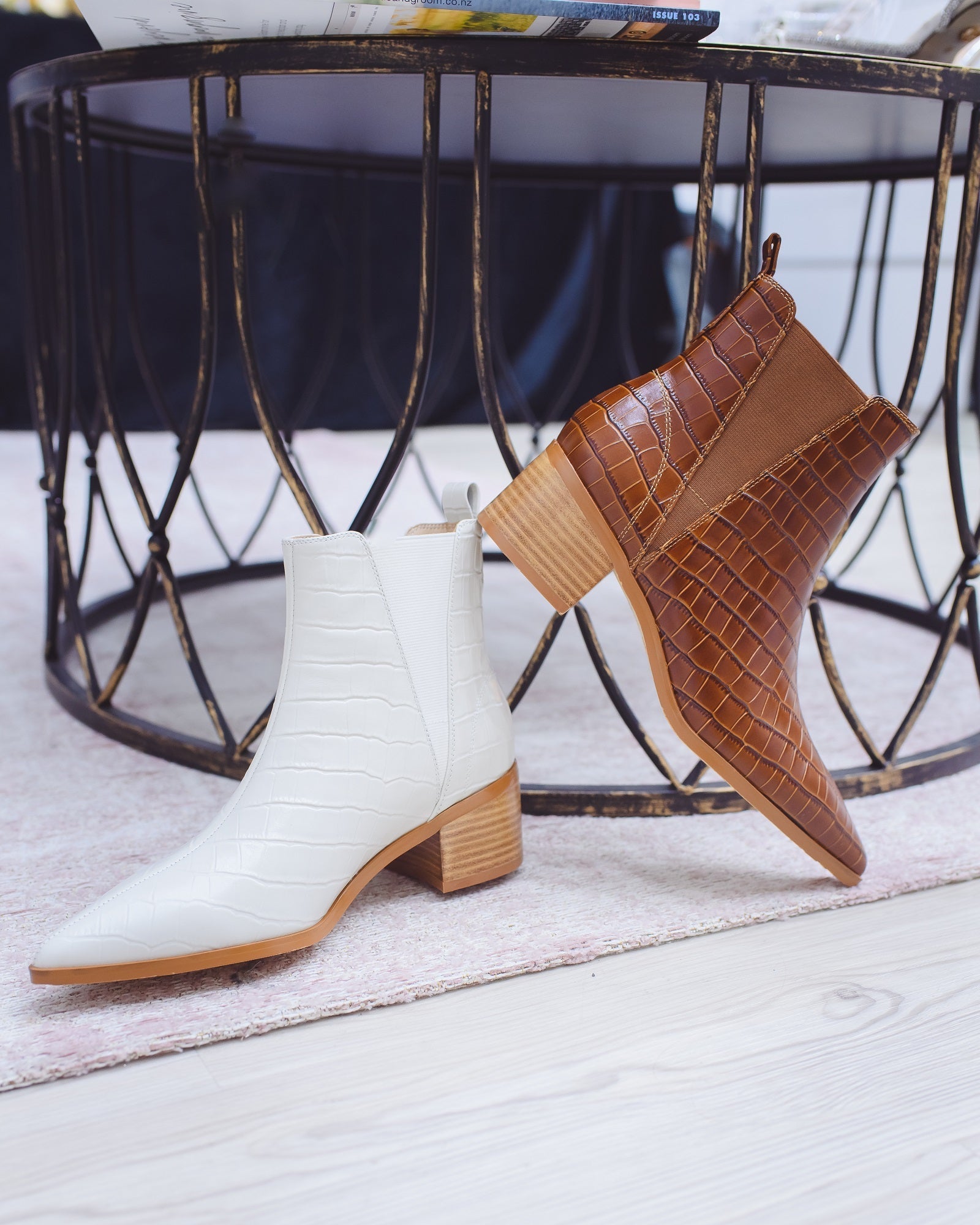 River Croco Leather Ankle Boot Cream Boots by Sole Shoes NZ AB17-36